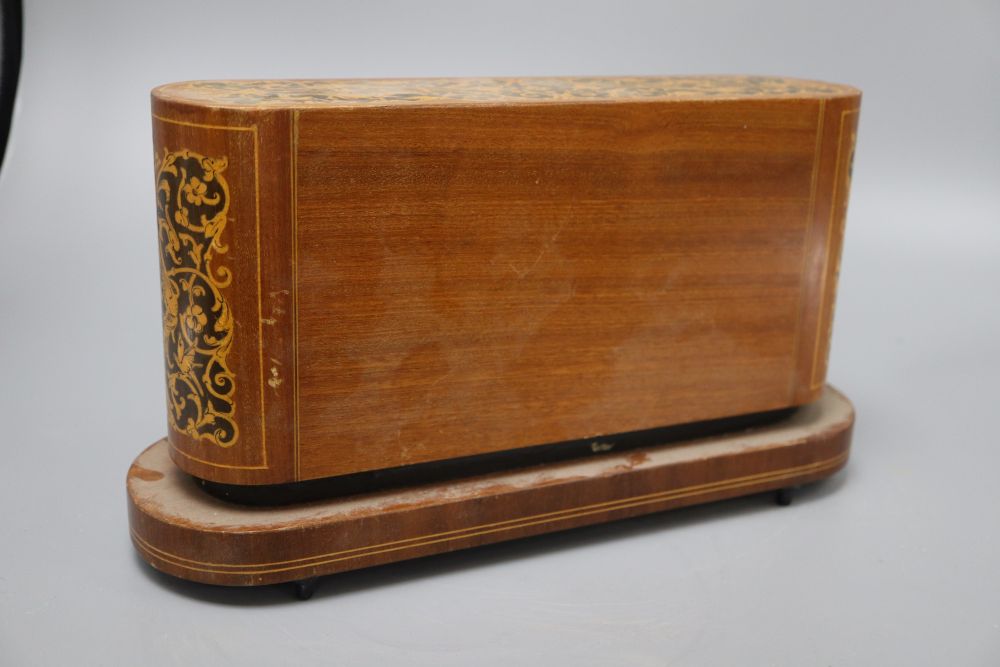 A Sorrento ware music box, length 32cm